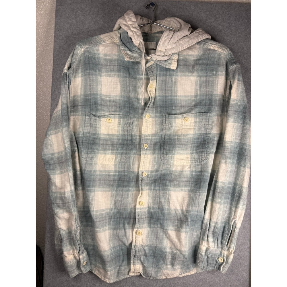American Eagle Hooded Flannel Shirt Mens Large Blue Plaid Button Up Hoodie